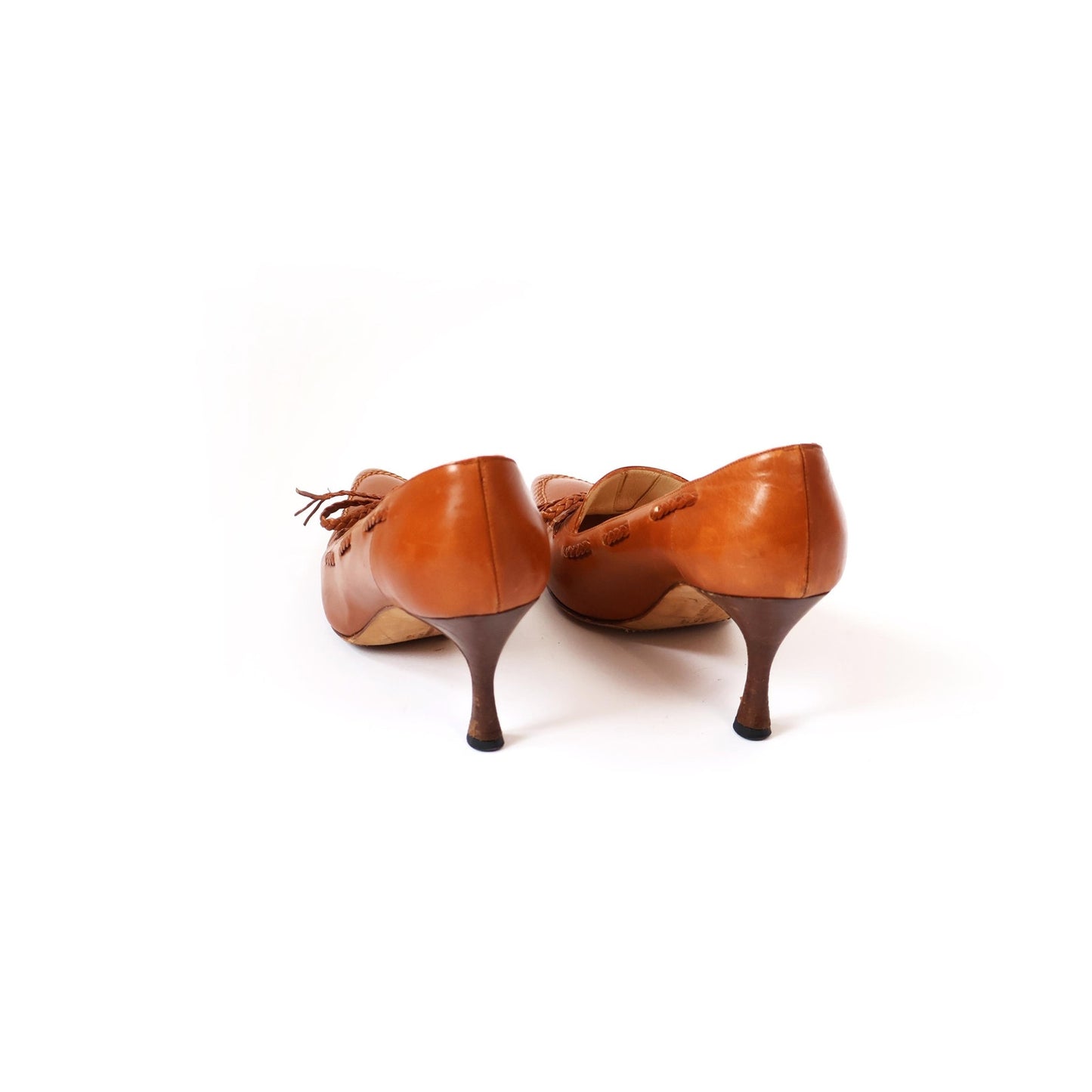 Vintage Braided Leather Manolo Blahnik Heels with Bow and Wooden Heel | EU 35 1/2
