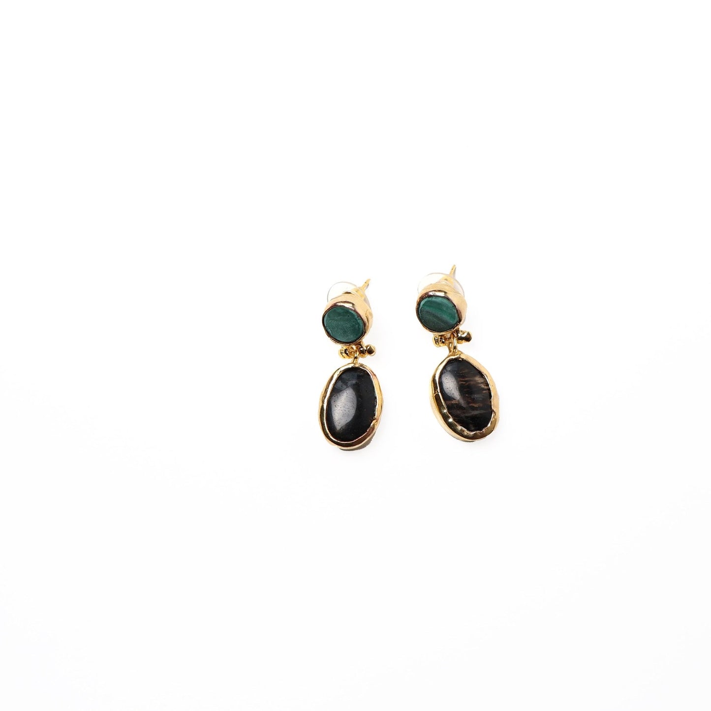 Eclectic Inventory Gold Toned Natural Stone Drop Earrings | Malachite and Onyx Style
