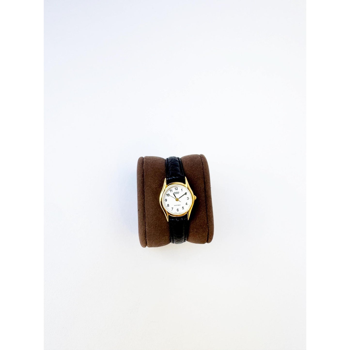 Vintage Black Leather Watch with Gold Details and White Circle Face | Casio | New Battery