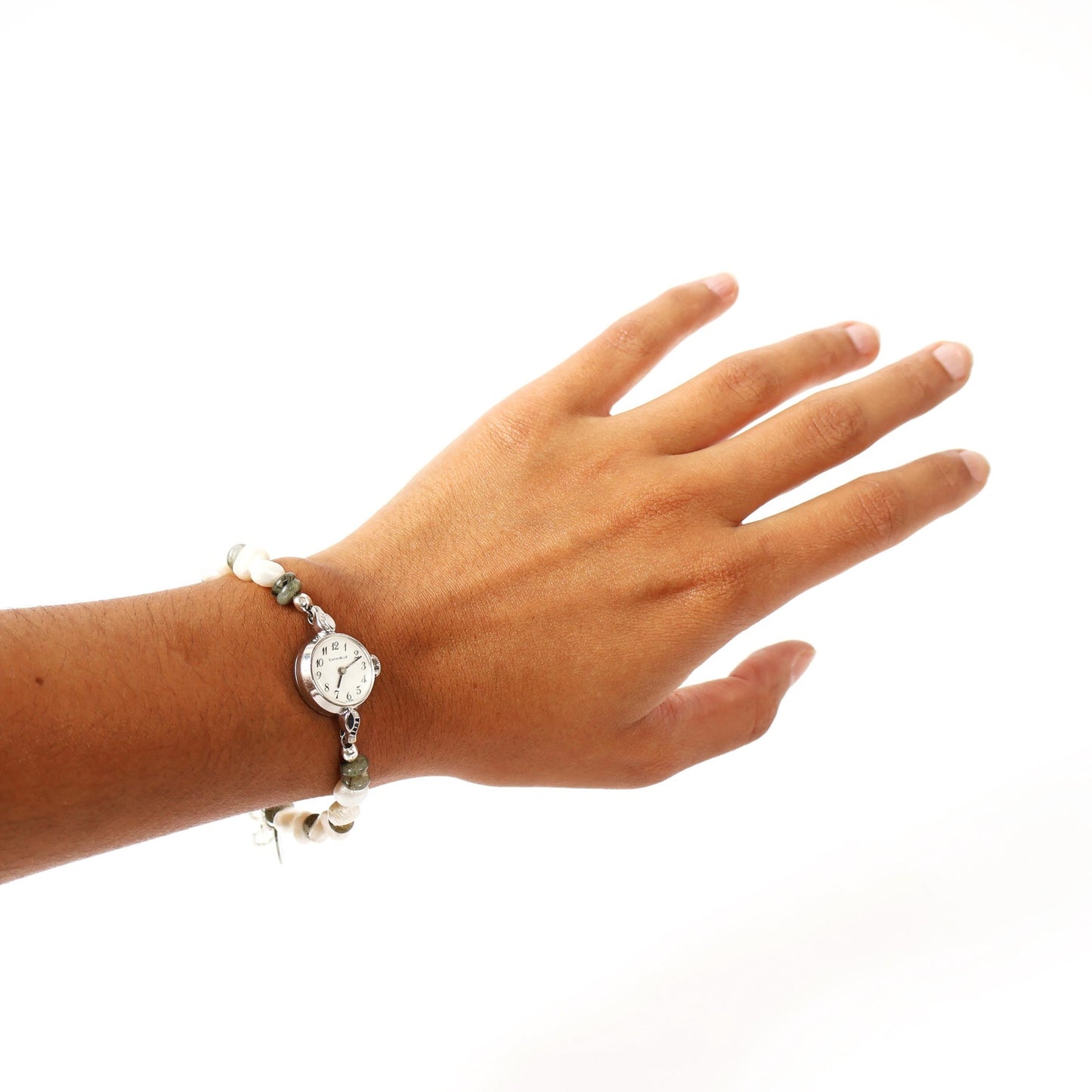 Reworked Labradorite and Freshwater Pearl Bracelet with Vintage Watch Face (Nonworking) | CARAVELLE