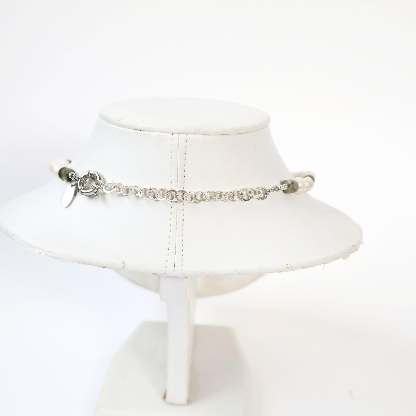 Reworked Labradorite and Pearl Choker Necklace with Vintage Watch Face (Nonworking) | TIMEX