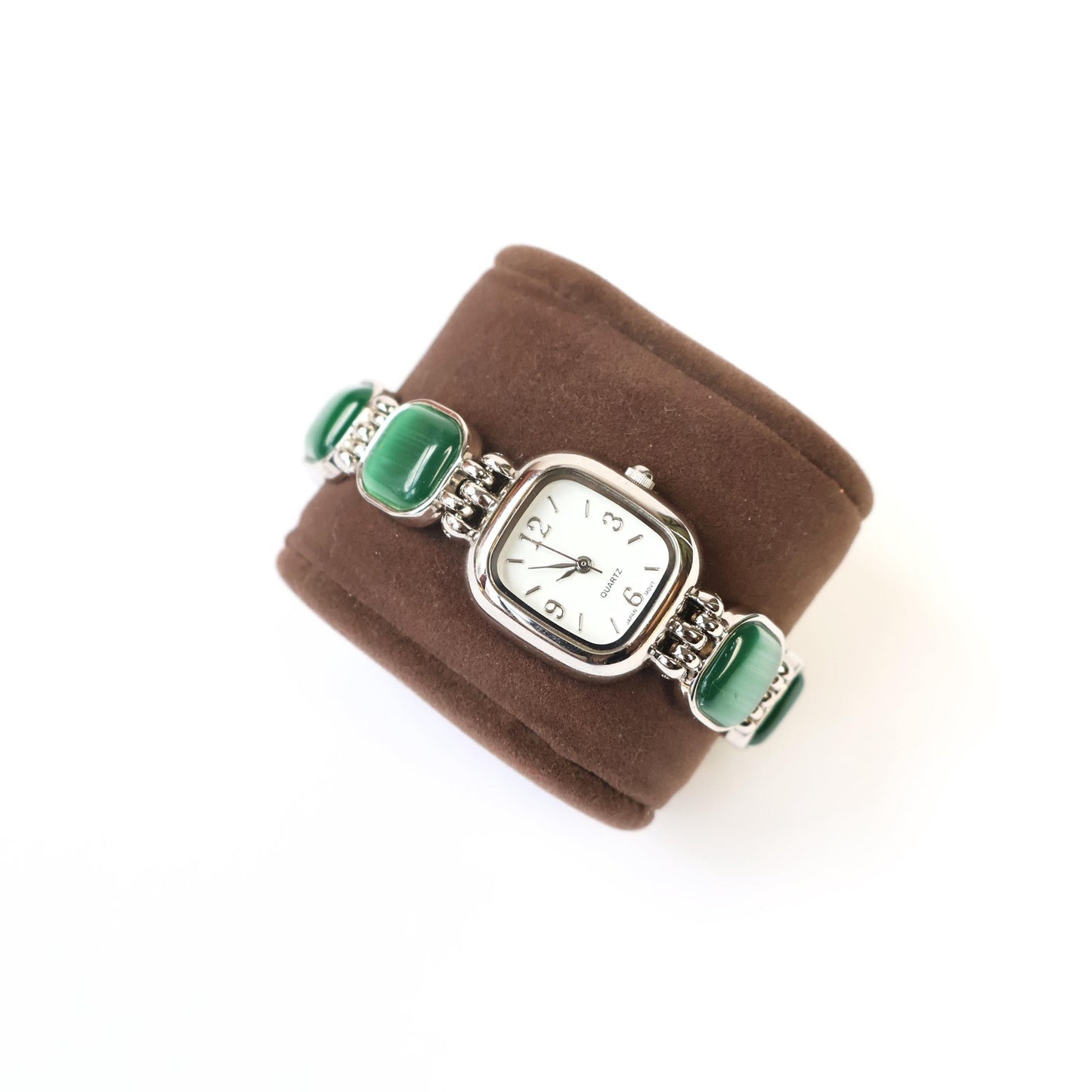 Vintage Silver and Green Watch with White Square Face | QUARTZ