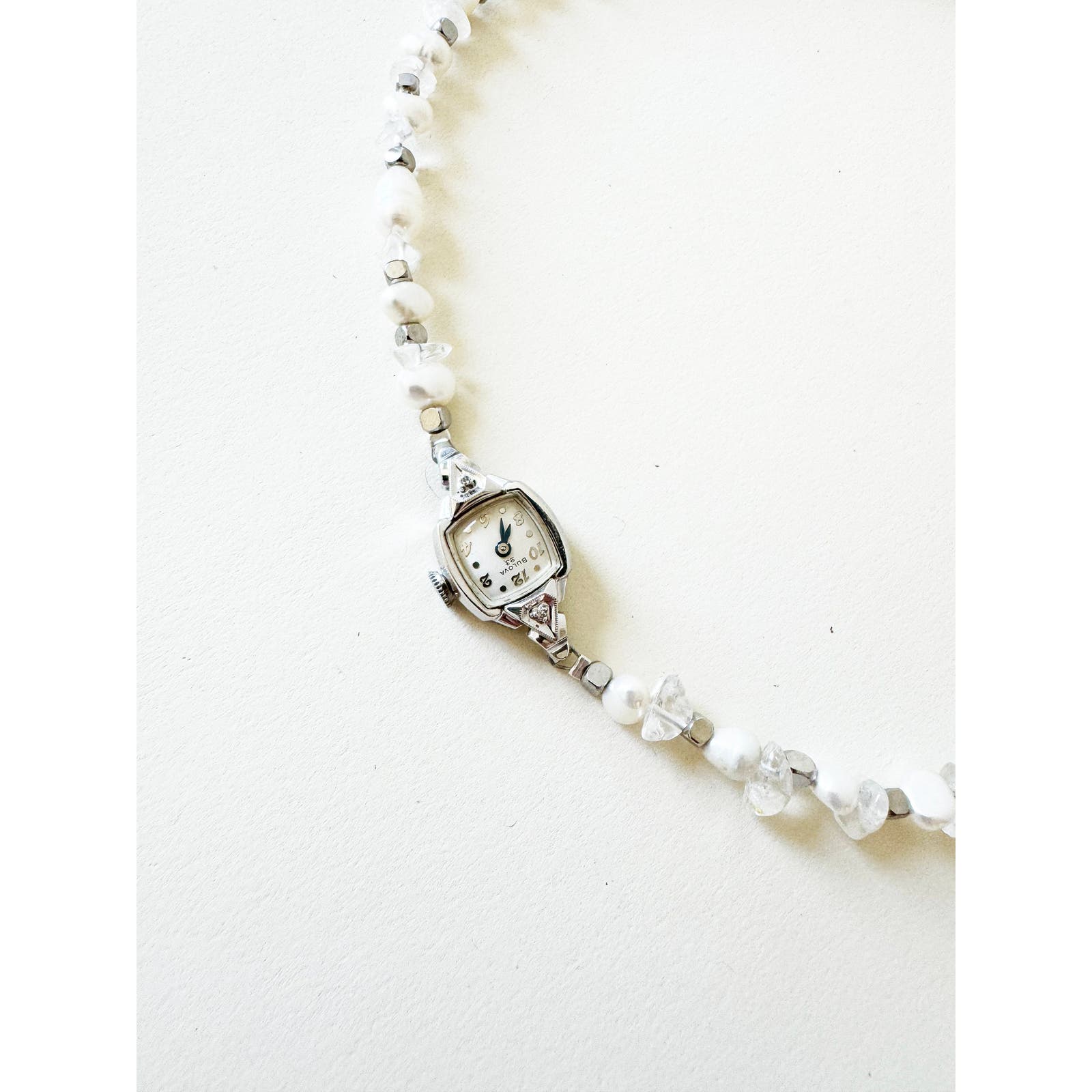 Watch Necklace | Vintage One of a Kind Pearl and Crystal Watch Choker 10K Gold Face by