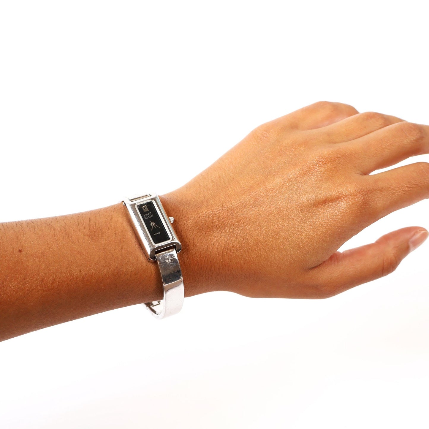 Vintage Silver Watch with Black Rectangle Face | ANNE KLEIN
