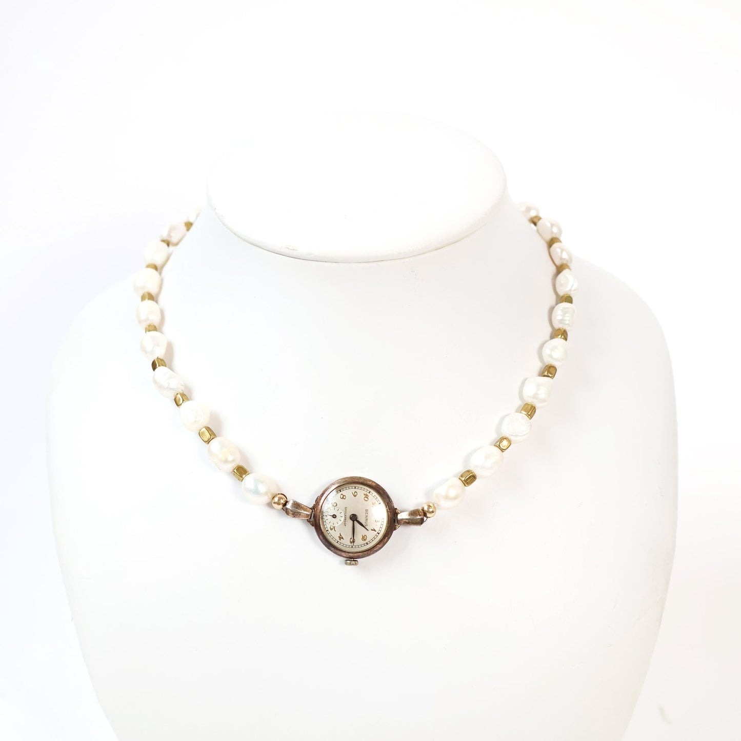 Reworked Gold and Pearl Choker Necklace with Vintage Watch Face (Nonworking) | BENRUS