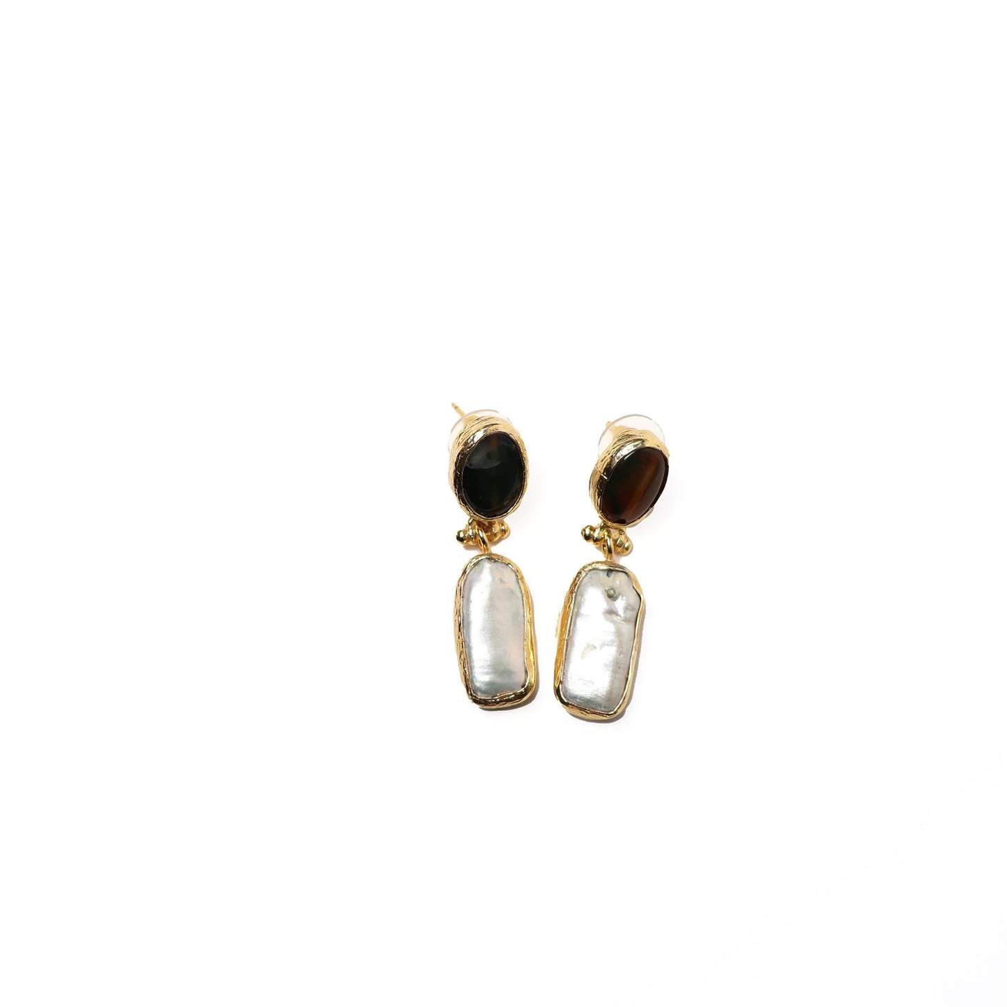 Eclectic Inventory Gold Toned Natural Stone Drop Earrings | Agate and Baroque Pearl Style