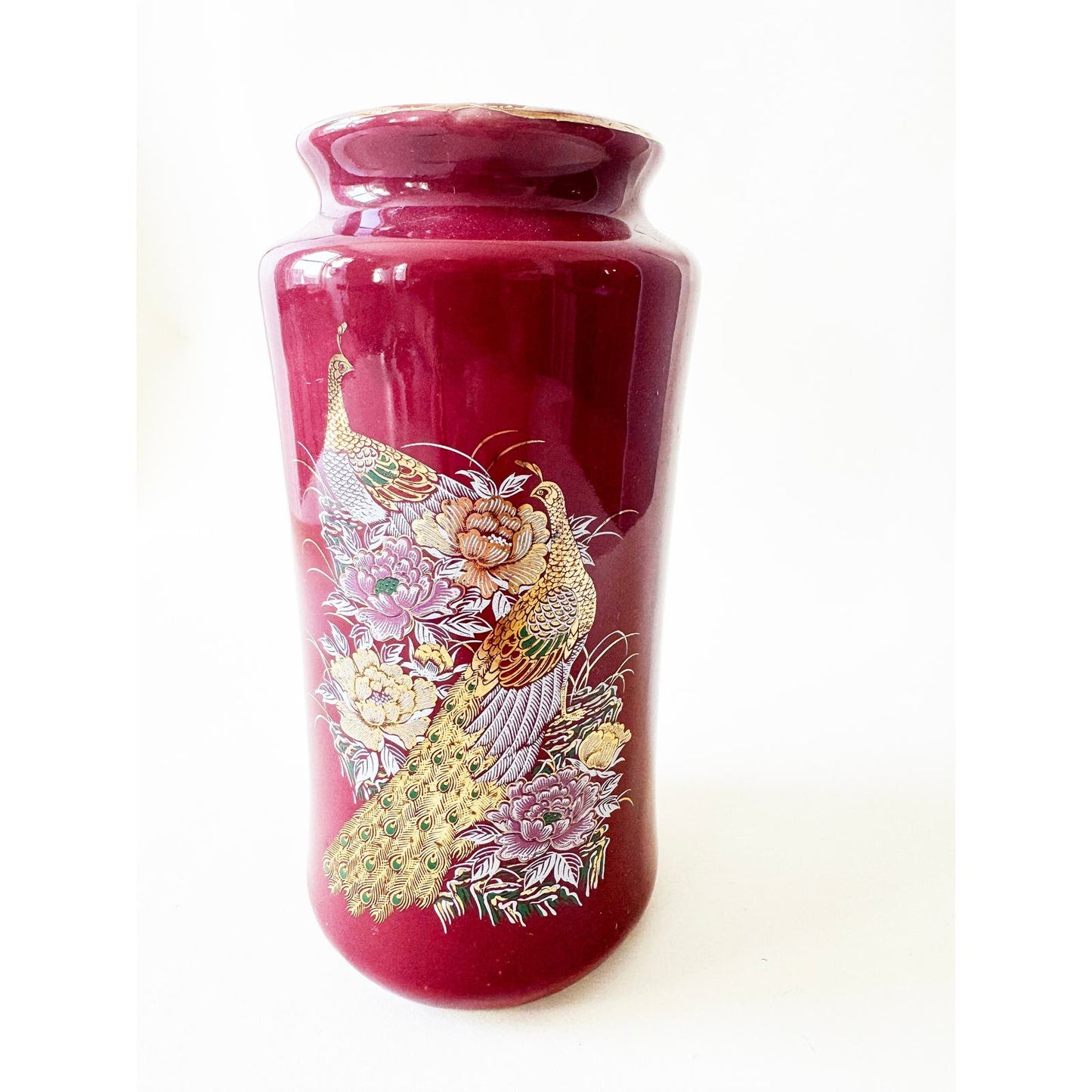 Vintage Maroon Ceramic Peacock Vase