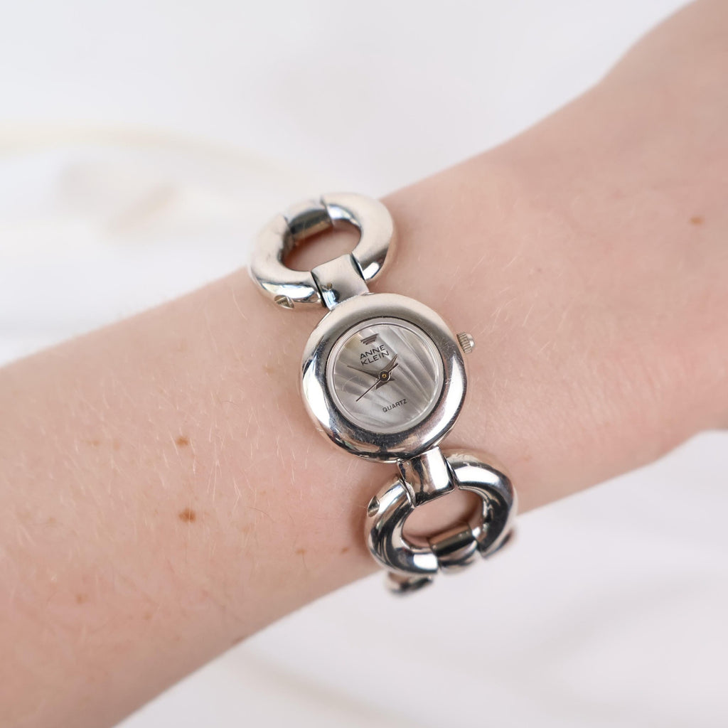 Vintage Silver Anne Klein Watch with Circle Face and Chain