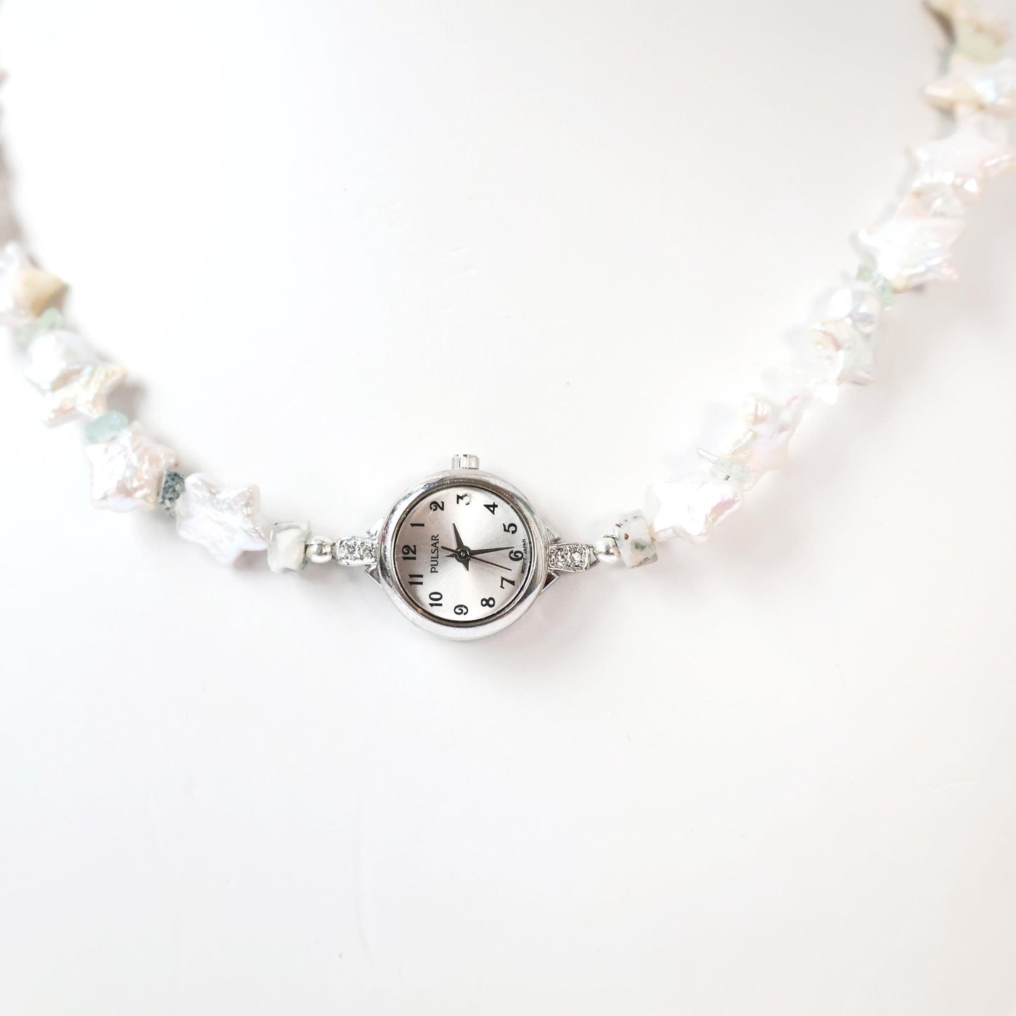 Reworked Star Pearl and Blue Crystal Choker Necklace with Vintage Watch Face (Working) | PULSAR