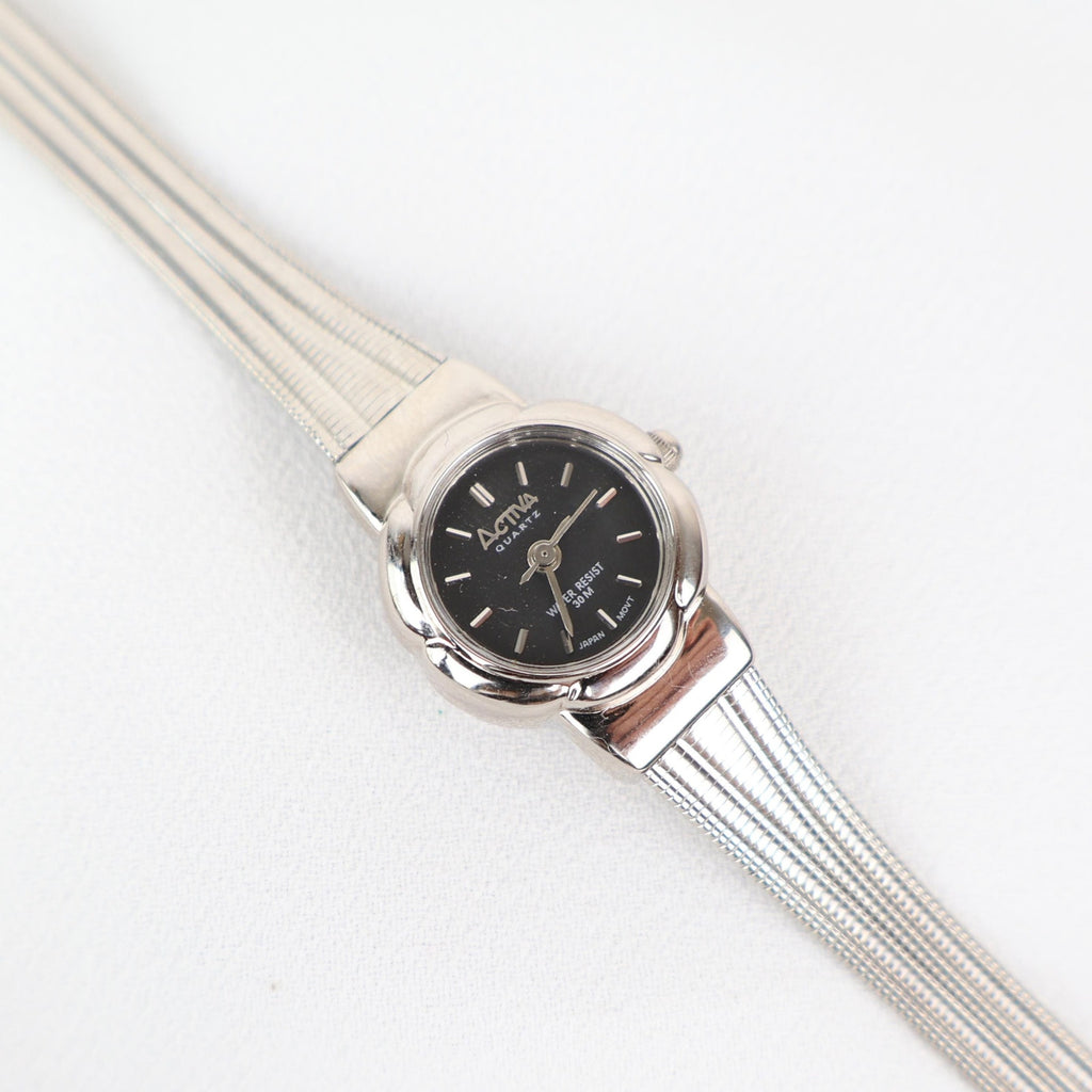 Vintage Activa Silver Tone Quartz Watch with Flower Face