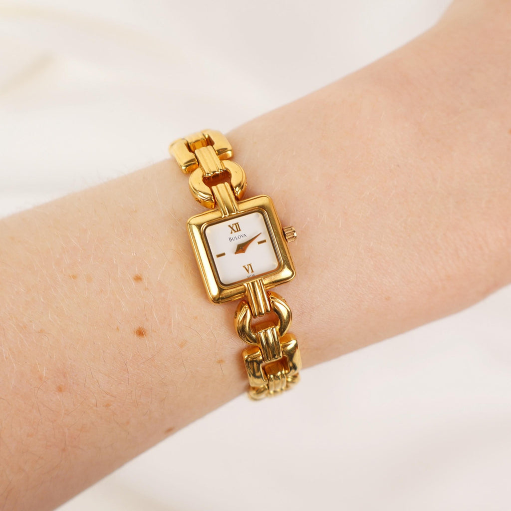Stunning Vintage Gold Tone Bulova Watch with Square Face