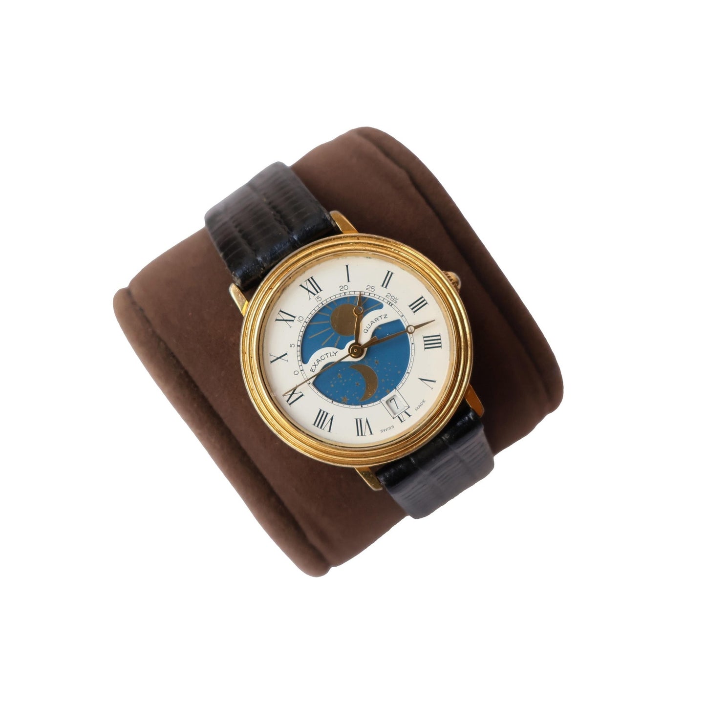 Vintage Gold Tone Day and Night Circle Face Watch with Leather Band | EXACTLY