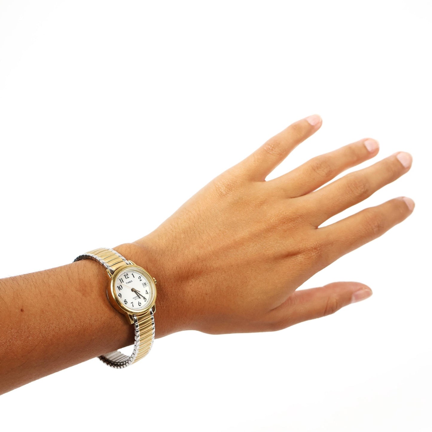 Vintage Gold Stretch Watch with Round White Face | TIMEX