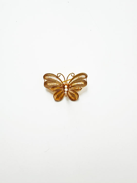 Vintage Gold Butterfly Brooch w/ Pearls
