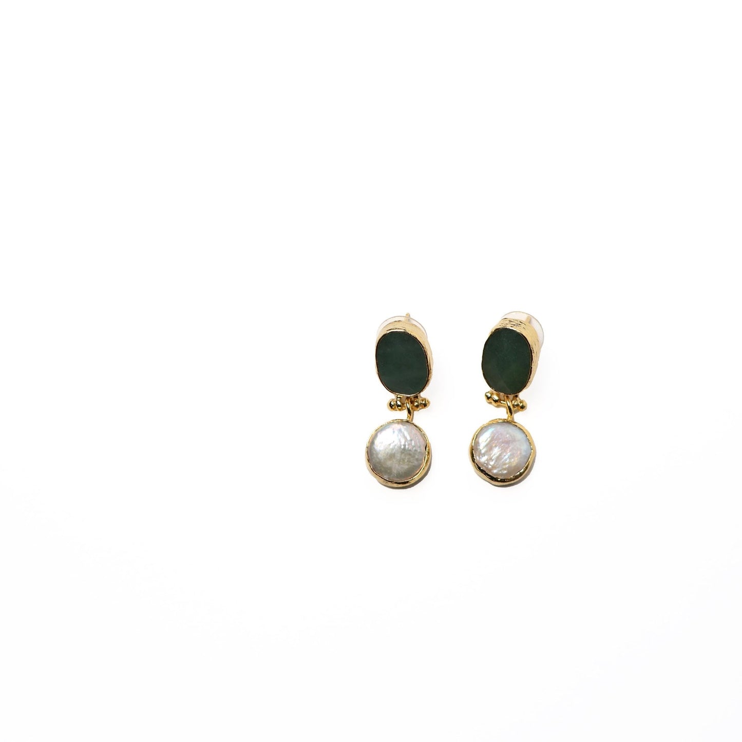 Eclectic Inventory Gold Toned Natural Stone Drop Earrings | Emerald and Pearl Style
