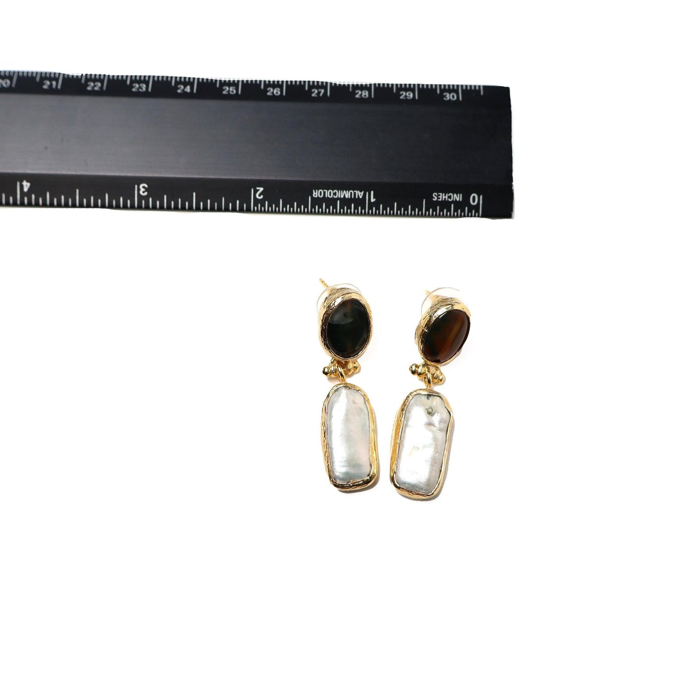 Eclectic Inventory Gold Toned Natural Stone Drop Earrings | Agate and Baroque Pearl Style