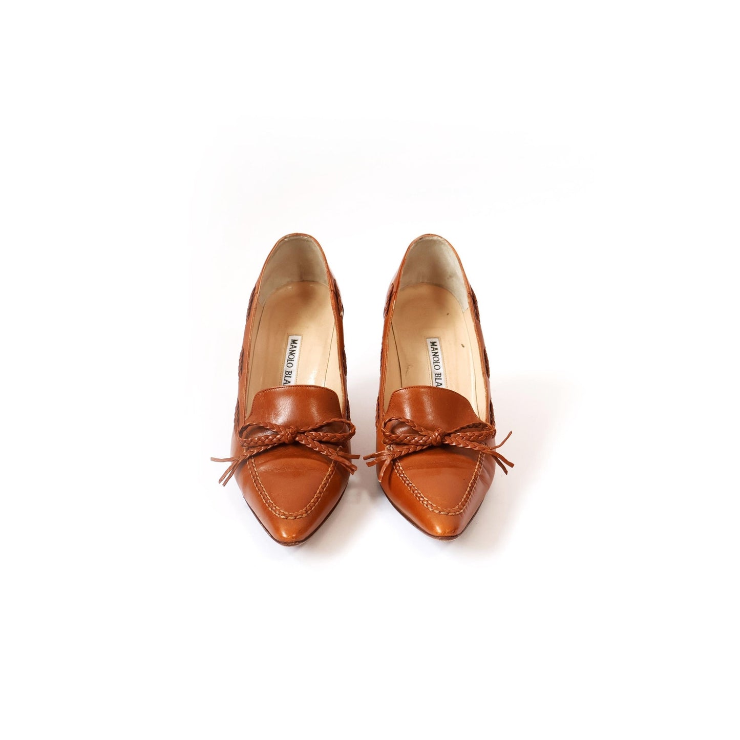 Vintage Braided Leather Manolo Blahnik Heels with Bow and Wooden Heel | EU 35 1/2