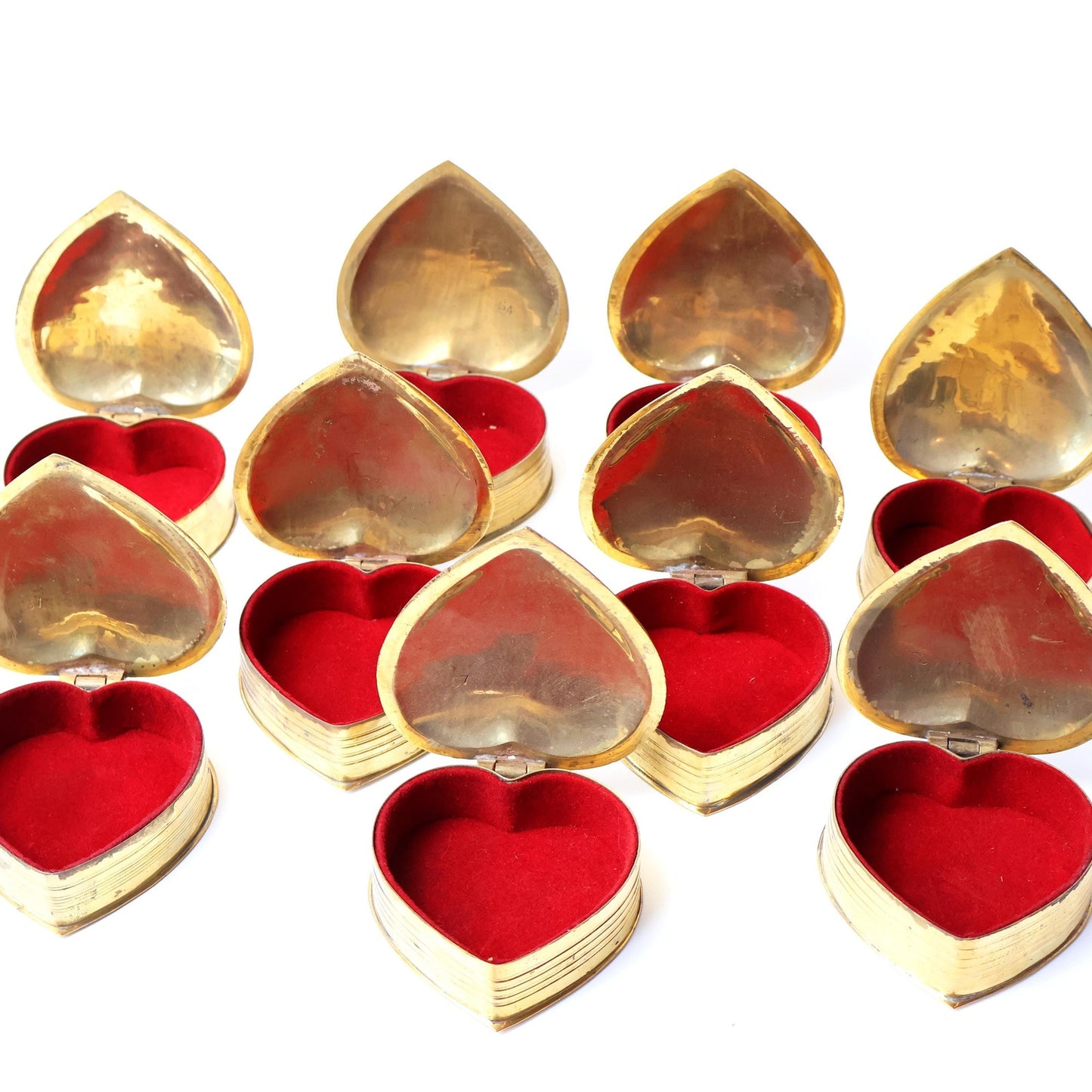 Vintage Brass Hearts with Red Velvet Lining