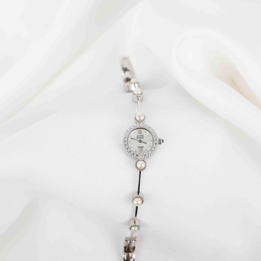 Vintage Anne Klein Round Face Watch – Silver Tone and Pearl Bracelet (Working Battery)