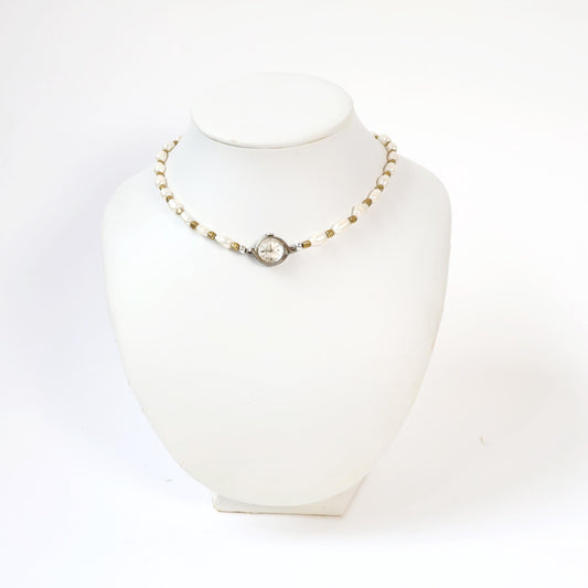 Reworked Gold and Pearl Choker Necklace with Vintage watch Face (Nonworking) | LADY ELGIN