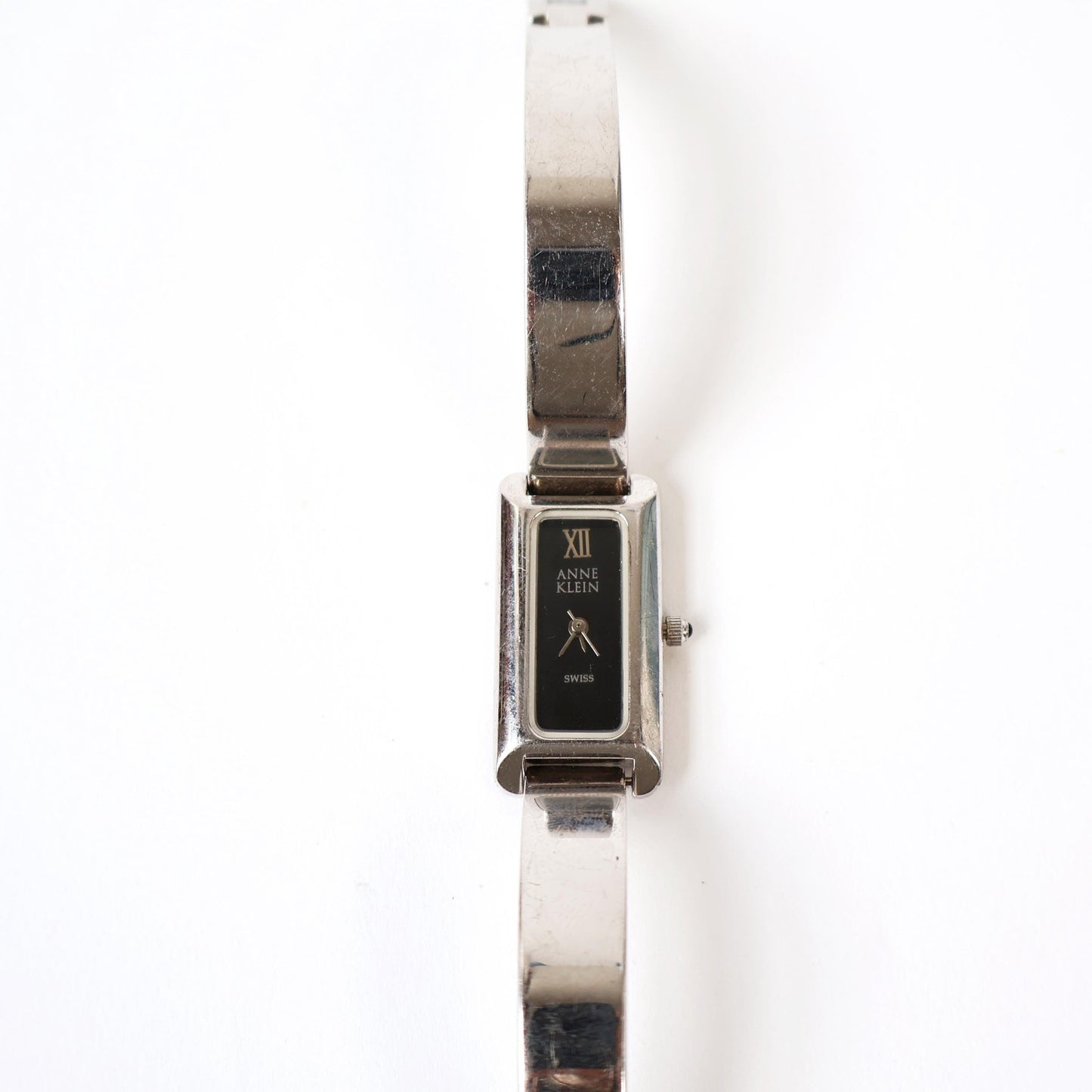Vintage Silver Watch with Black Rectangle Face | ANNE KLEIN