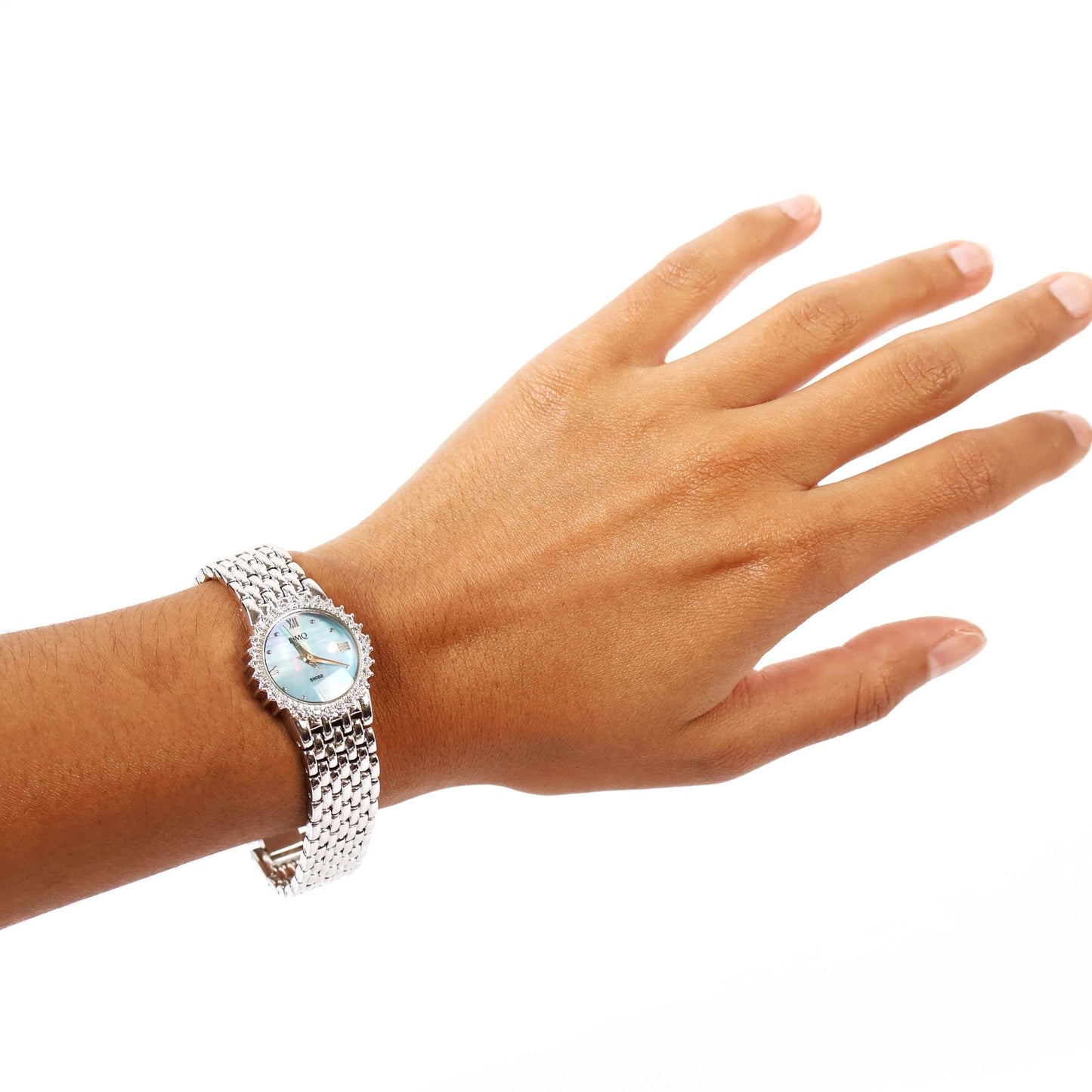 Vintage Silver Watch with Light Blue Round Face | DMQ