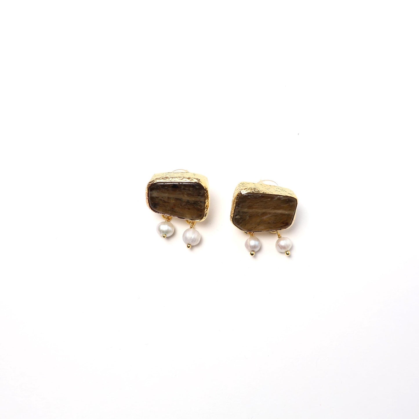 Eclectic Inventory Gold Toned Natural Stone Earrings with Drop Pearls | Pearl and Smokey Quartz Style