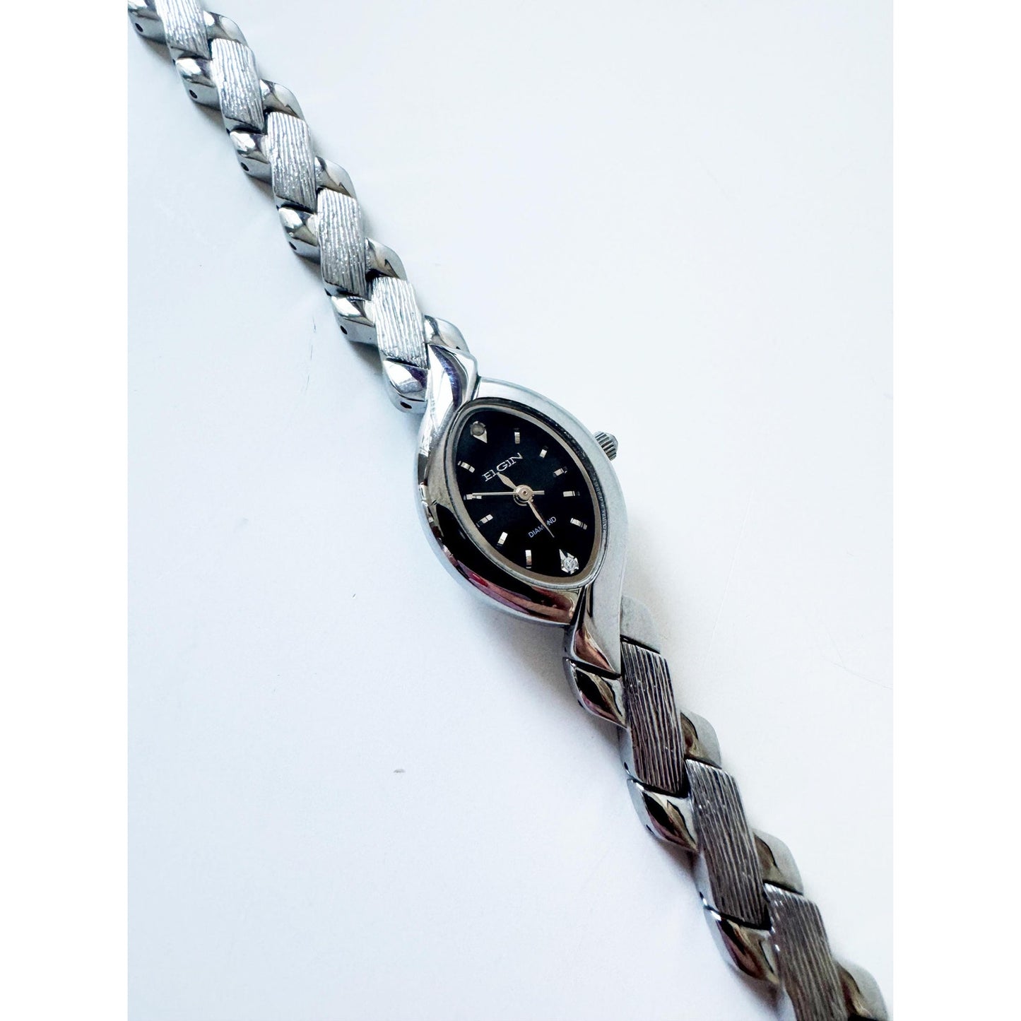 Vintage Silver Watch with Bracelet Band w/ Black Face l Elgin