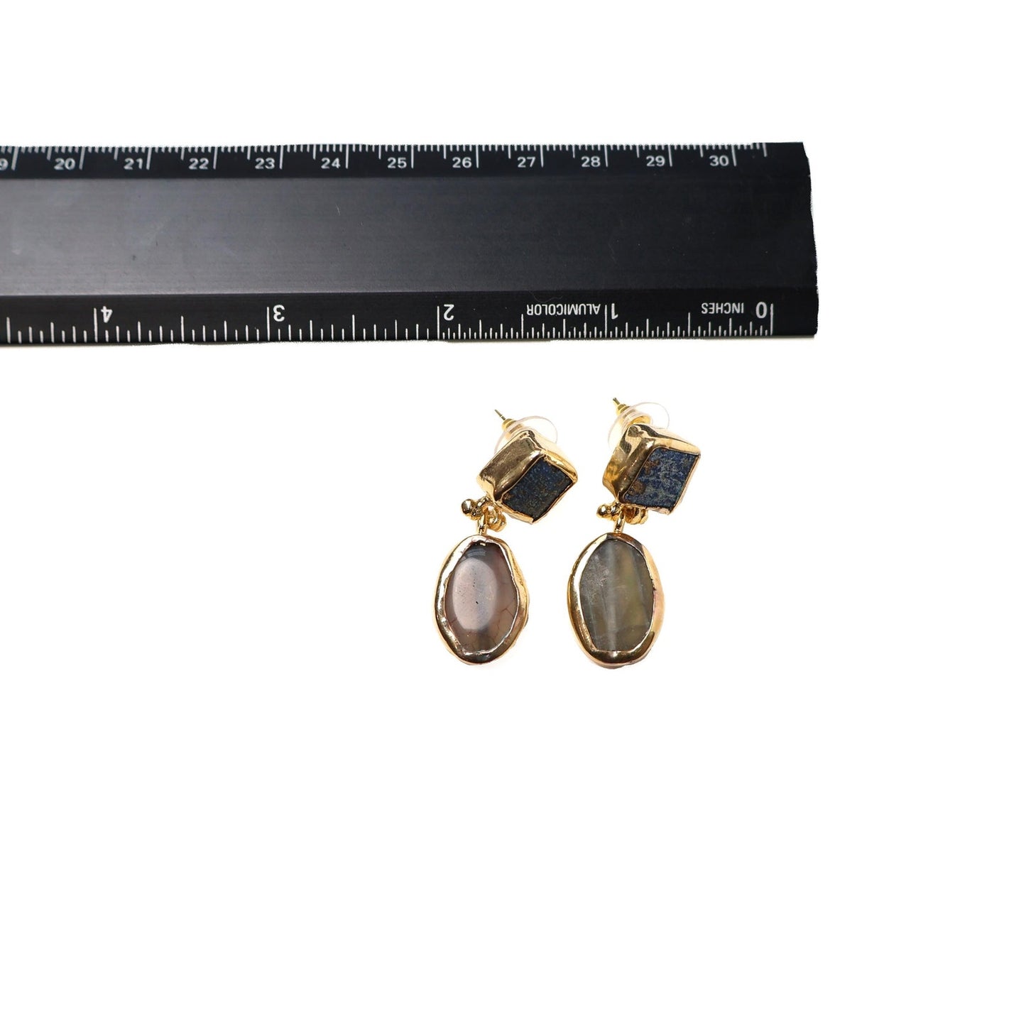 Eclectic Inventory Gold Toned Natural Stone Drop Earrings | Smokey Quartz and Lapis Style