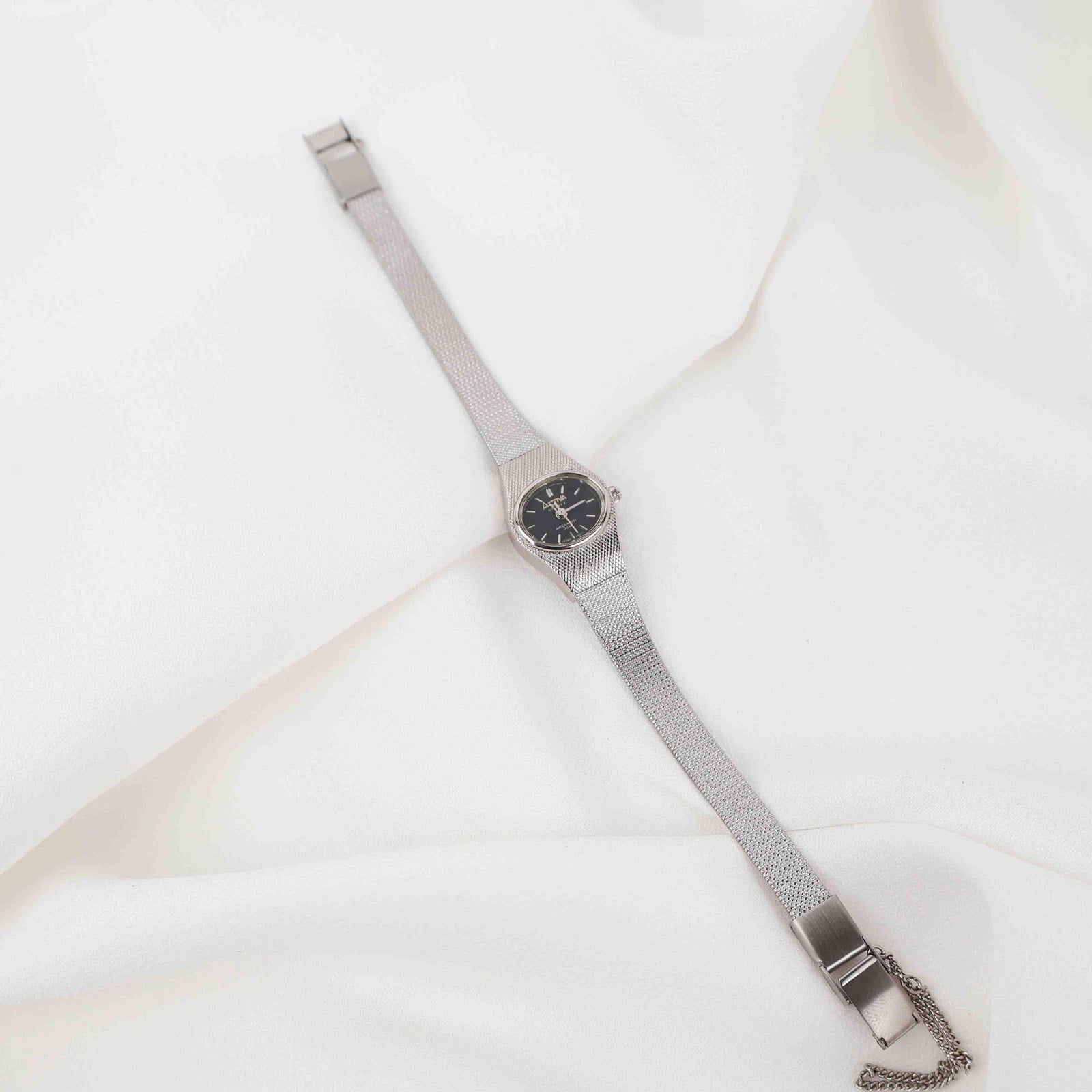 Vintage Activa Silver Tone Quartz Watch with Black Face