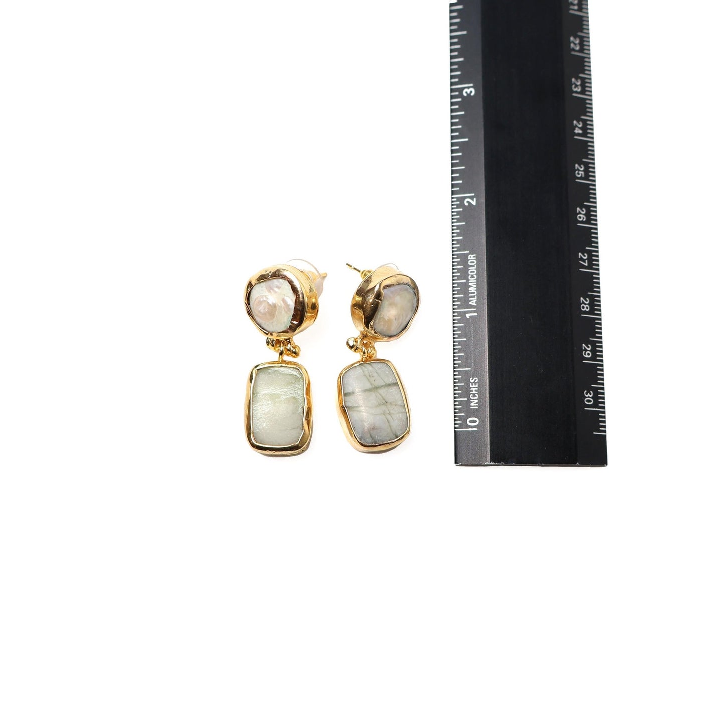 Eclectic Inventory Gold Toned Natural Stone Drop Earrings | Baroque Pearl and Agate Style