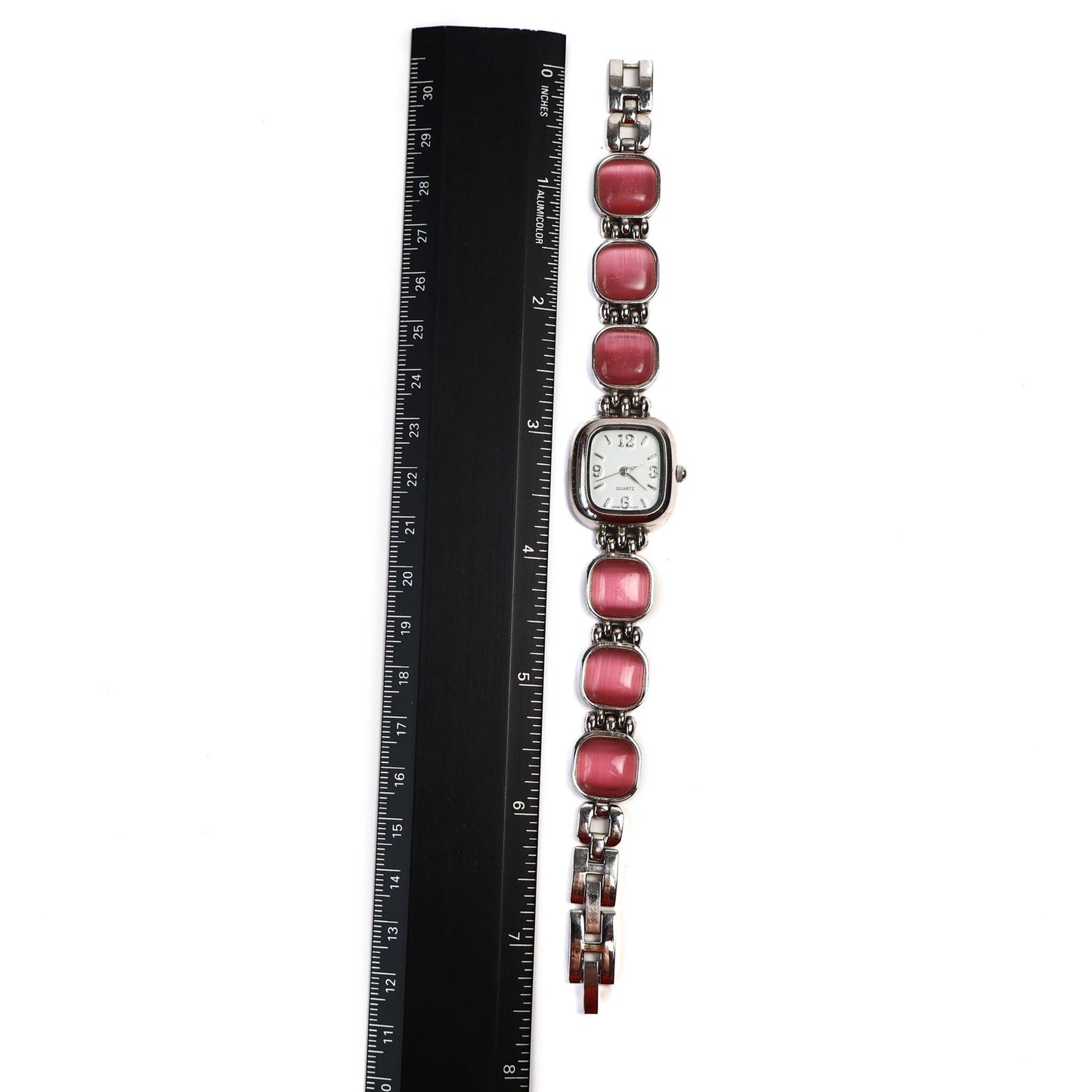 Vintage Silver and Pink Watch with White Square Face | QUARTZ