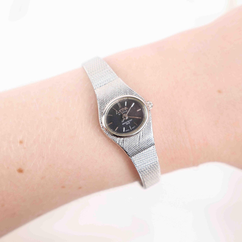 Vintage Activa Silver Tone Quartz Watch with Black Face