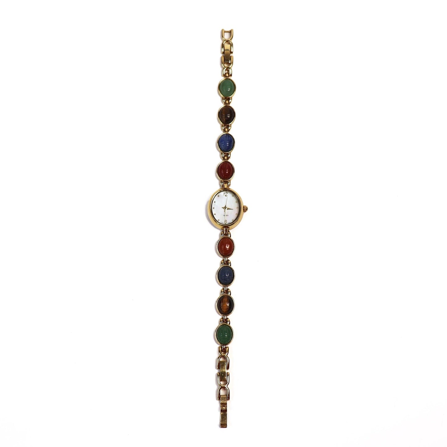 Vintage Gold Toned Scarab Watch with White Oval Face | QUARTZ