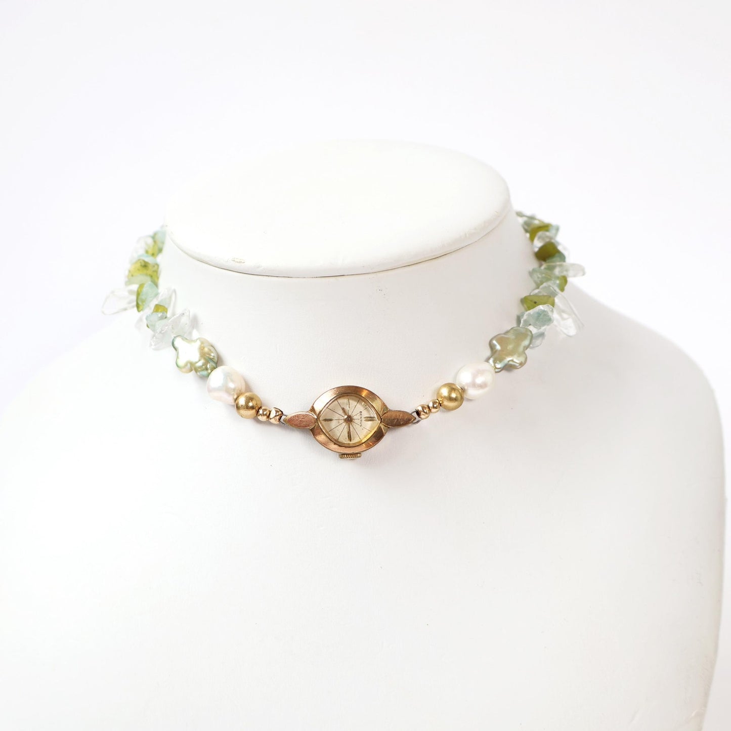 Reworked Gemstone and Freshwater Pearl Choker Necklace with Vintage Watch Face (Nonworking) | BENRUS