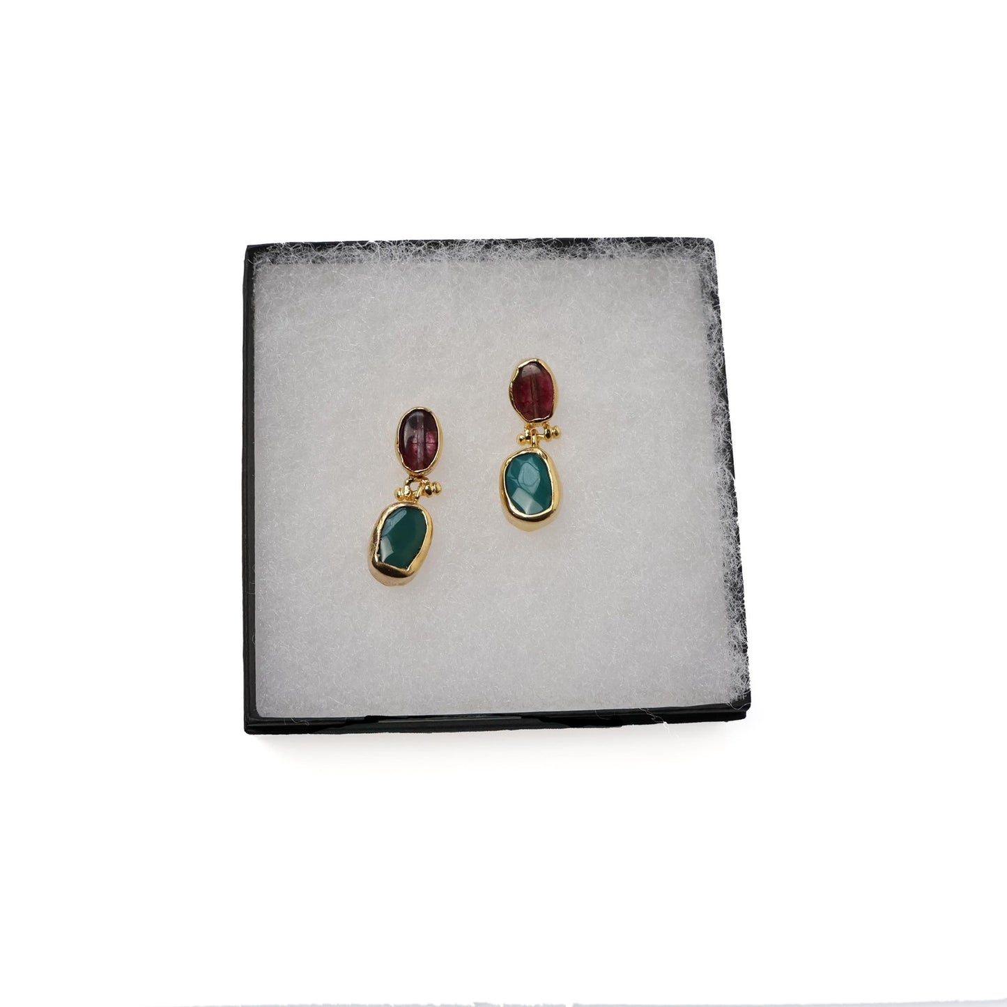 Eclectic Inventory Gold Toned Natural Stone Drop Earrings | Pink and Green Style