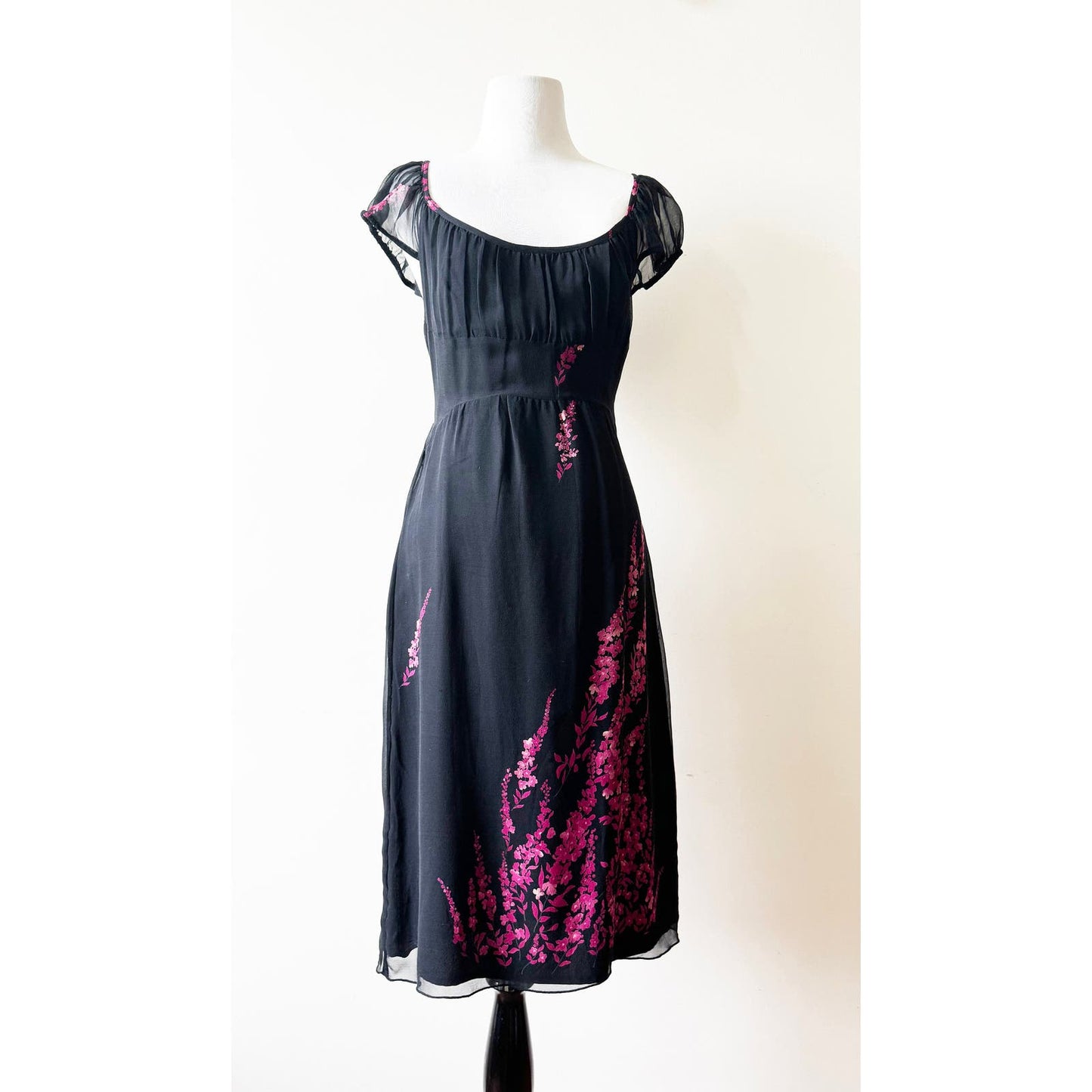 Y2k ANNA SUI Classic Black Floral Dress with Shoulder Poof | Size 2
