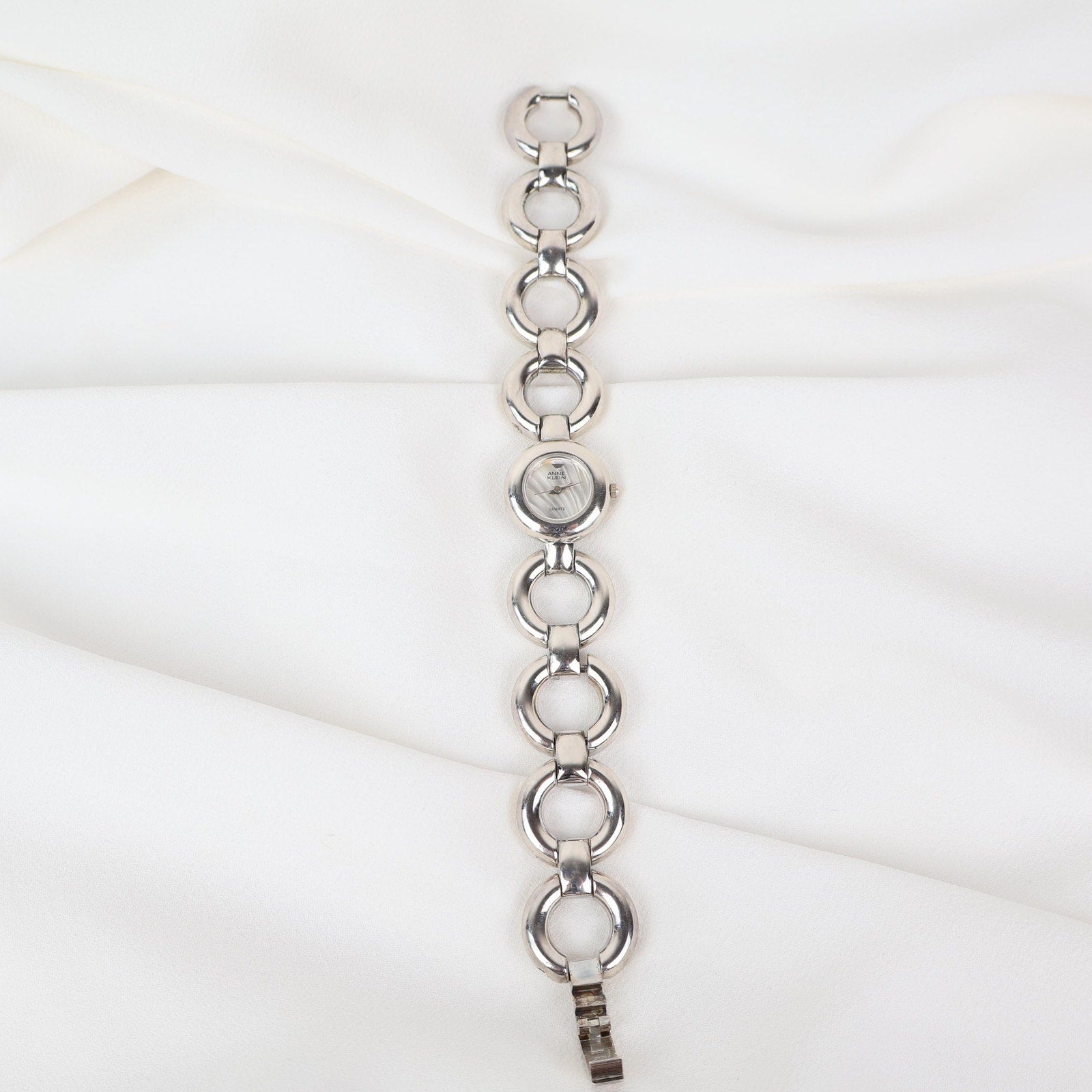 Vintage Silver Anne Klein Watch with Circle Face and Chain