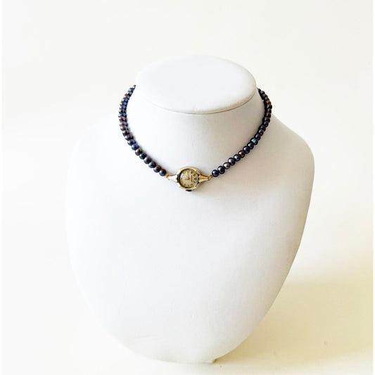 Watch Necklace | Vintage One of a Kind Purple Pearl Watch Choker 10K Gold Face