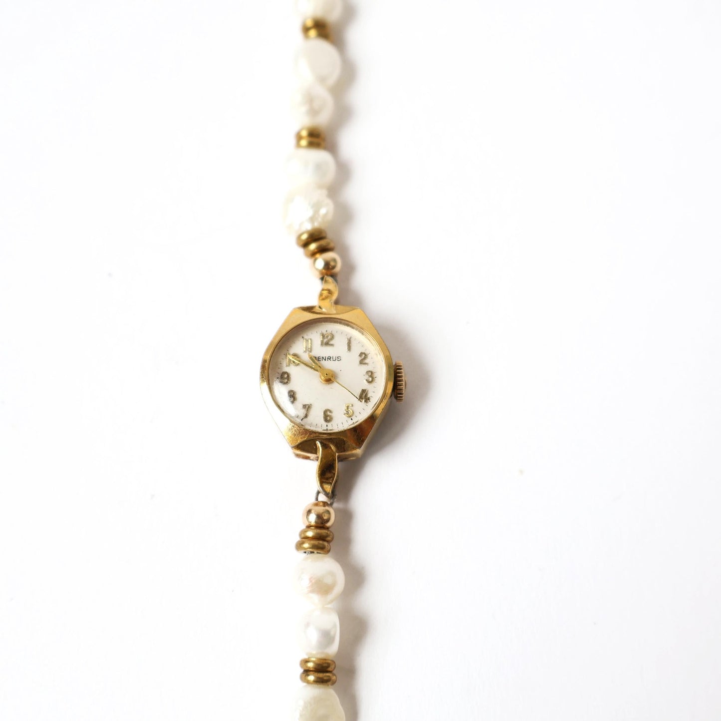 Reworked Freshwater Pearl and Gold Bracelet with Vintage Watch Face (Nonworking) | BENRUS