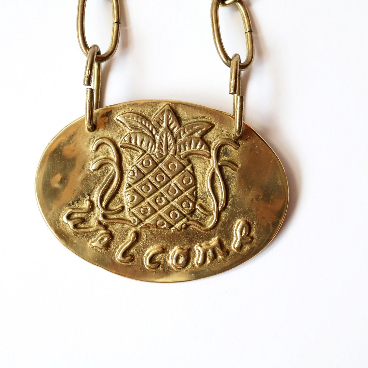 Vintage Brass MCM Pineapple Welcome Sign with Chain | Palm Beach Brass Decor