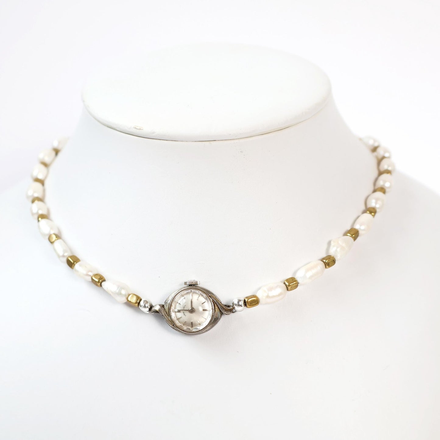 Reworked Gold and Pearl Choker Necklace with Vintage watch Face (Nonworking) | LADY ELGIN