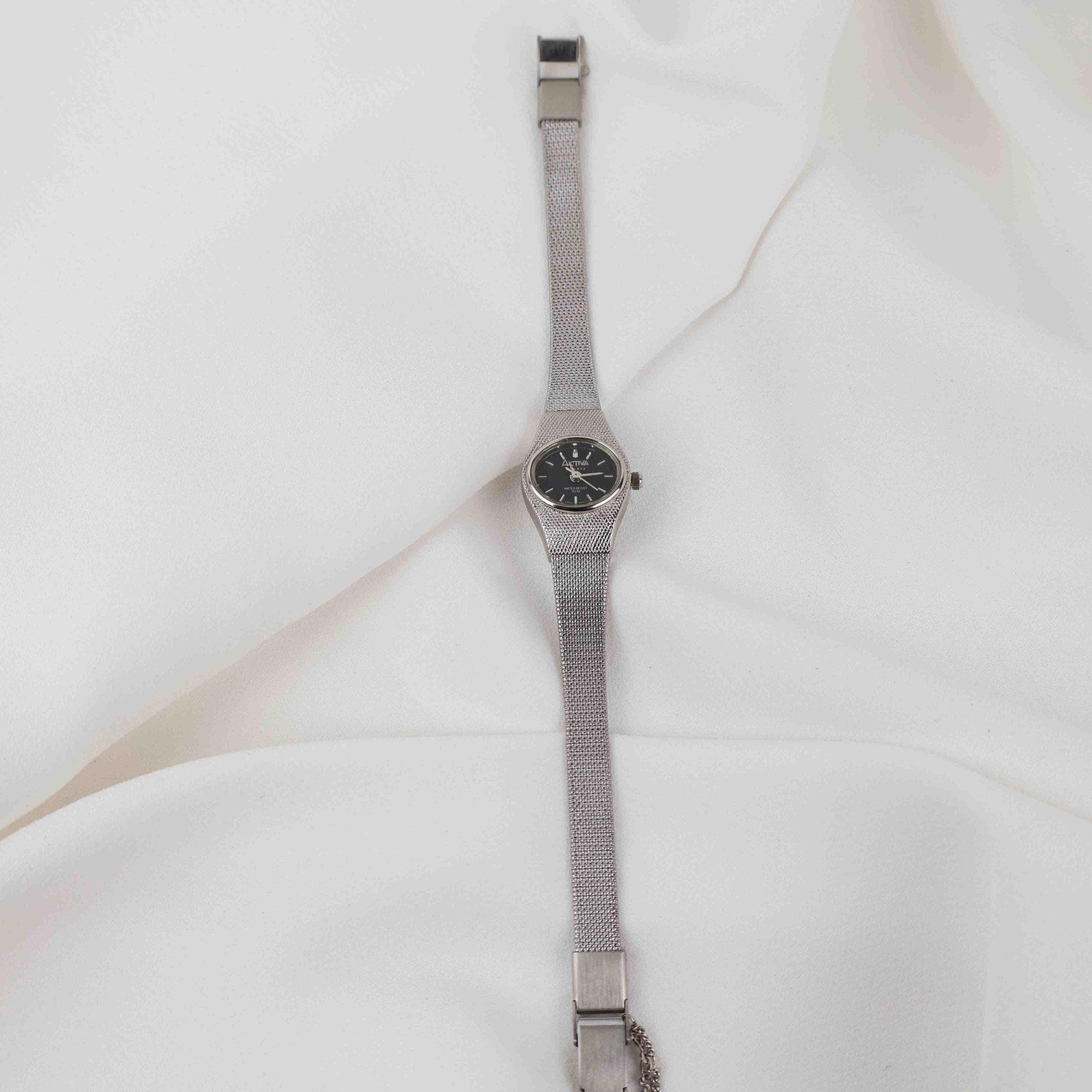 Vintage Activa Silver Tone Quartz Watch with Black Face