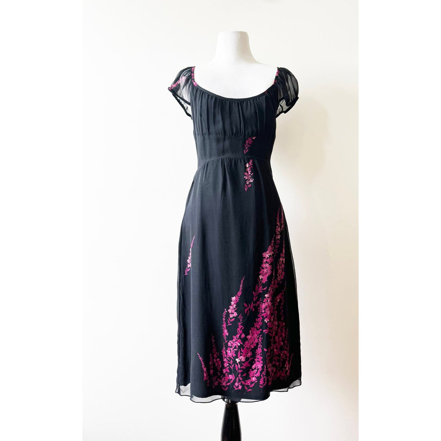 Y2k ANNA SUI Classic Black Floral Dress with Shoulder Poof | Size 2