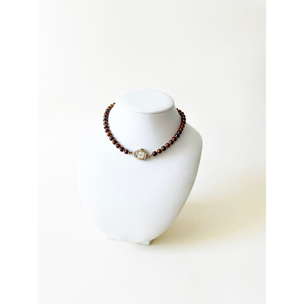 Watch Necklace | Vintage One of a Kind Purple Pearl Watch Choker 10K Gold Face