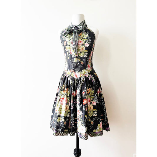 Y2k ANNA SUI Black Tie Neck Floral Dress | Size 2