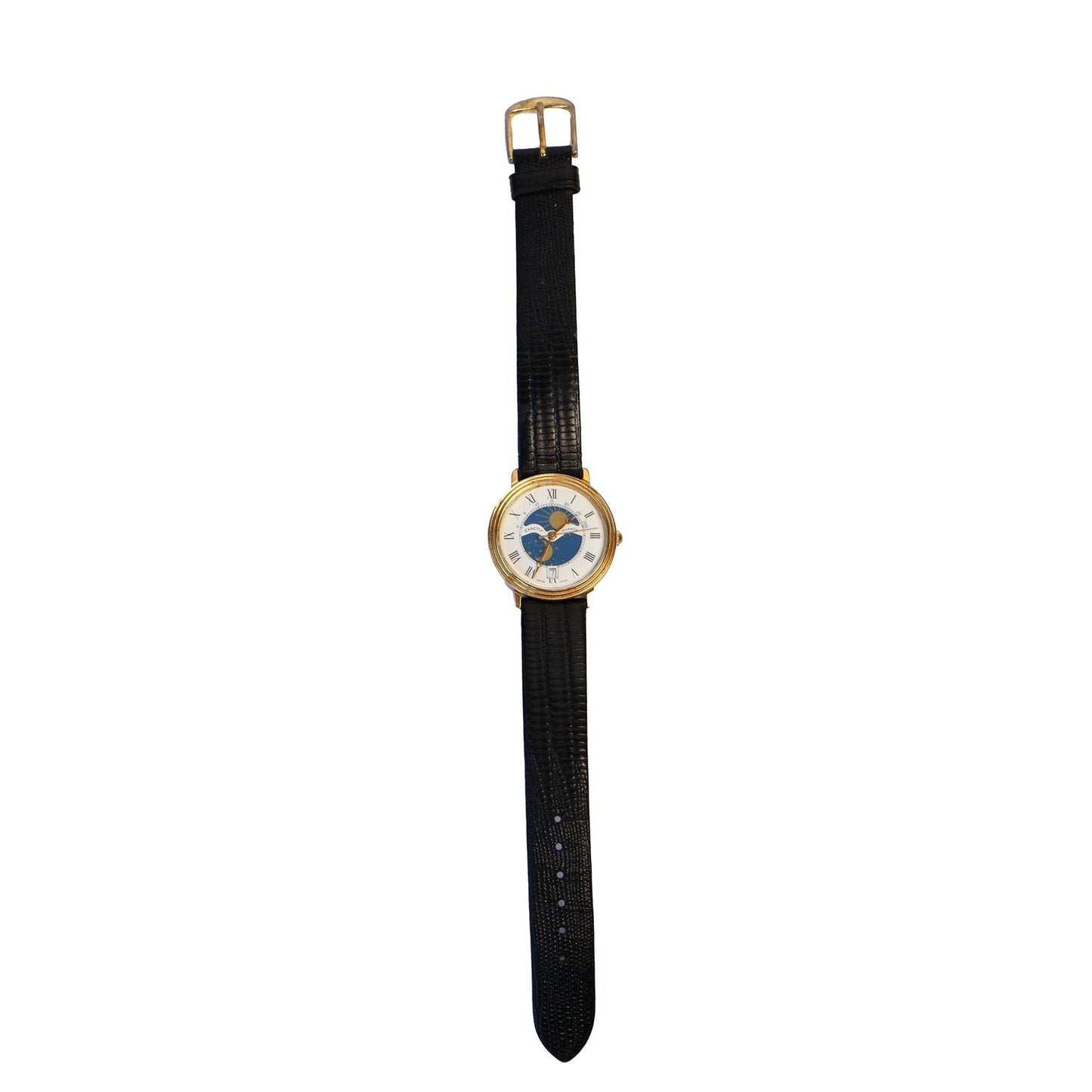 Vintage Gold Tone Day and Night Circle Face Watch with Leather Band | EXACTLY