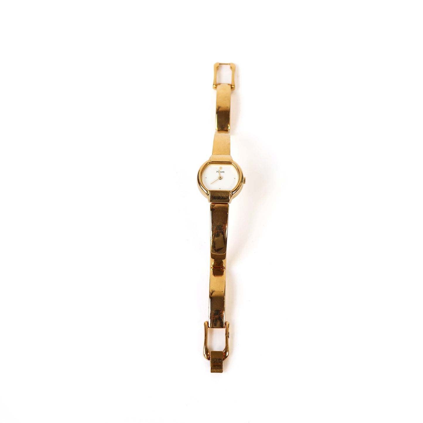 Vintage Gold Cuff Watch with White Round Face | PULSAR