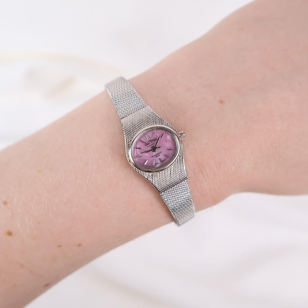 Vintage Activa Silver Tone Quartz Watch with Pink Face