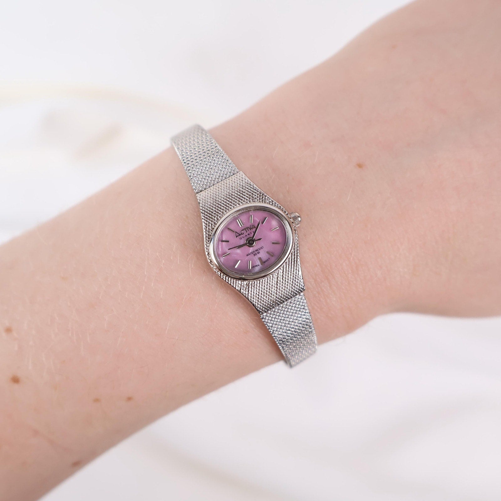 Vintage Activa Silver Tone Quartz Watch with Pink Face